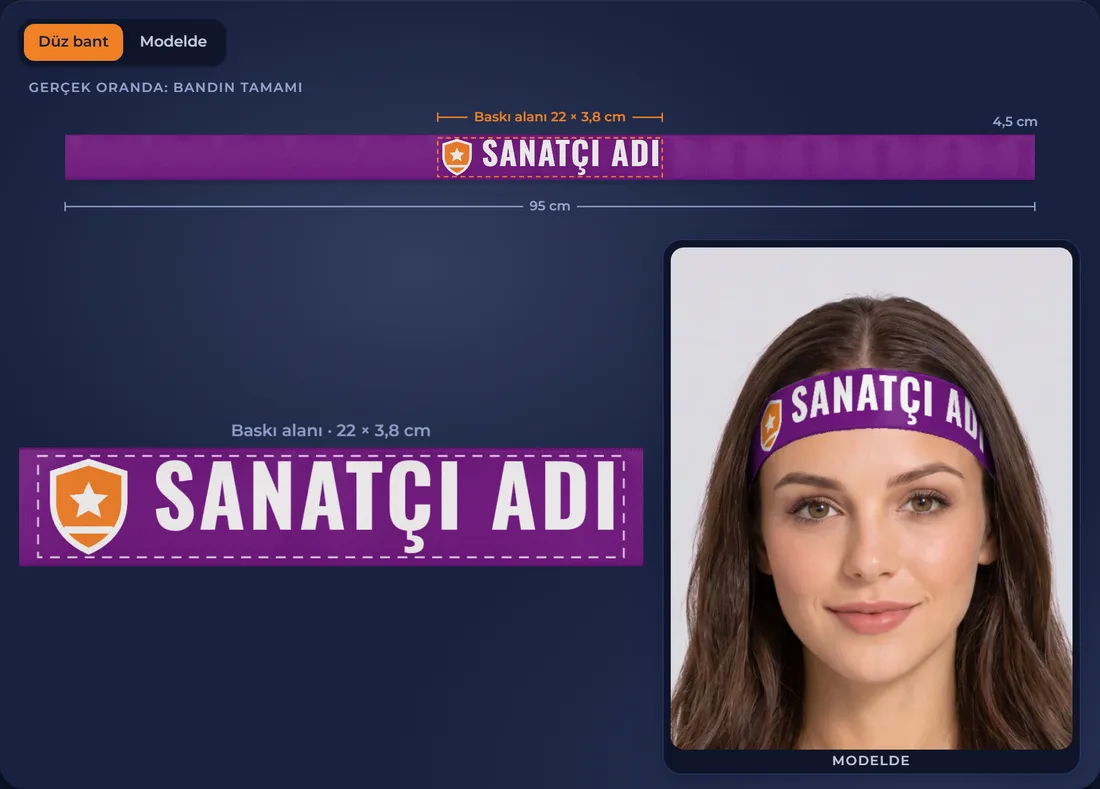 Konser bandı tasarlayıcı ekranı: düz bant ve modelde önizleme